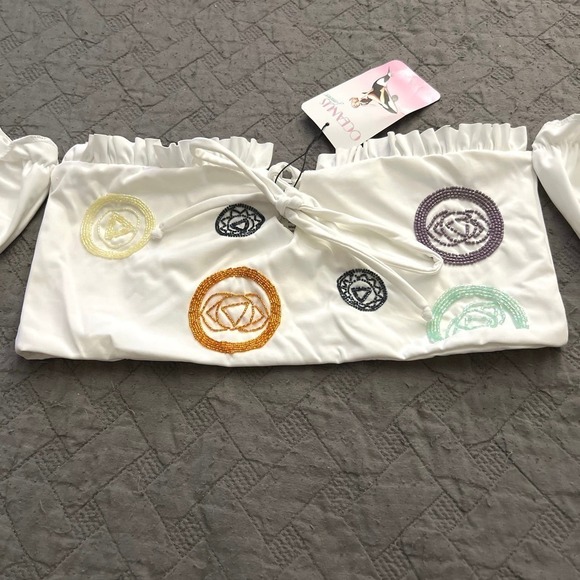 Oceanus x CINTA White Chakra Full Bikini M Hand Beaded Off-Shoulder Swimwear NWT - Picture 4 of 13